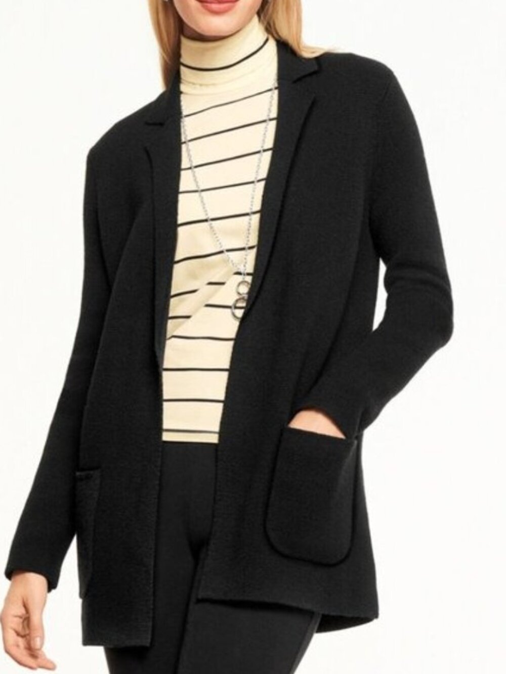 Talbots Notch Collar Sweater Blazer Black Petite LP Wool Blend Open Front